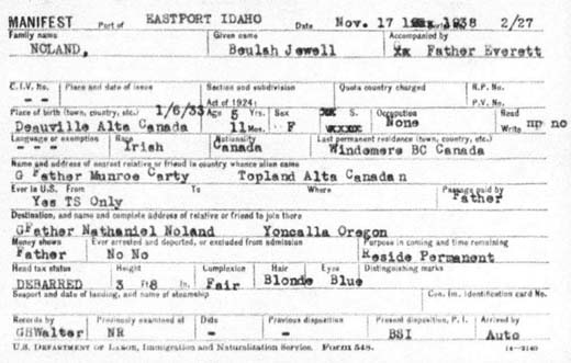 1938 US immigration arrival manifest